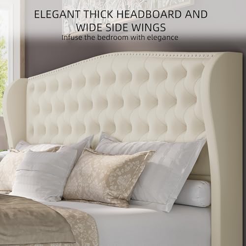 BRELTAM Upholstered King Size Bed Frame Velvet Beige Tufted Platform Bed Frame with Wingback Headboard & Footboard, with Deep Button Tufted & Nailhead Wooden Slats Support, No Box Spring Needed