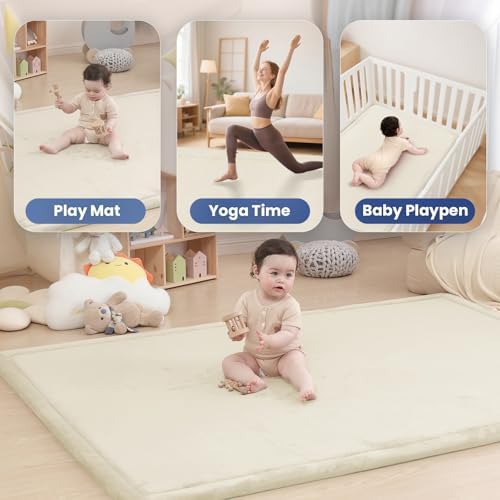 Huloo Sleep Ultra Soft Baby Play Mat for Floor, 1.3" Thick Elasti-Foam 65x50 Play Mat for Playpen,Water-Repellent Coral Velvet for Tummy Time, Non-Slip Backing,Safe for Toddlers & Infants（Cream）
