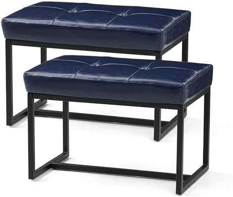 Glitzhome Ottoman Bench Pack of 2, Modern PU Leather Vanity Stools Chairs with Metal Frame, Makeup Stool Padded Foot Rest Stool for Living Room Vanity, Entryway, Bathroom,Navy Blue