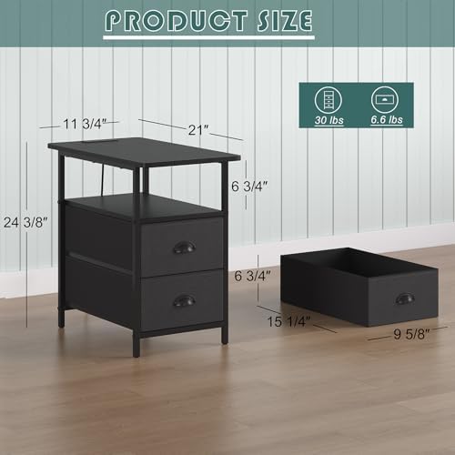 sthmec End Table with Charging Station, Narrow Side Table with 2 Drawers, LED Nightstands with Drawers, USB Ports & Power Oulets,Slim Sofa Side Tables for Small Spaces,Living Room,Bedroom, Black