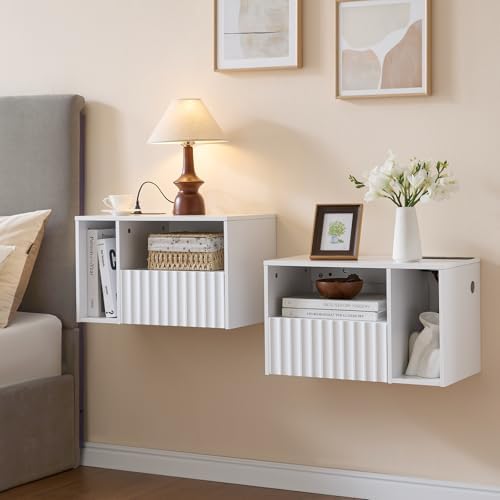 BuildHom White Floating Nightstand Set of 2 with Charging Station