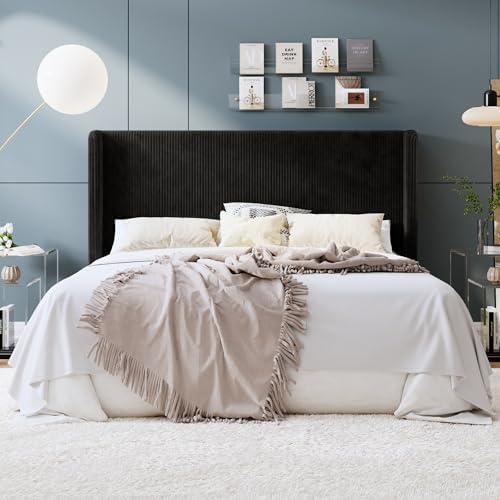 SHA CERLIN King Corduroy Platform Bed with Tufted Wingback Headboard, Black