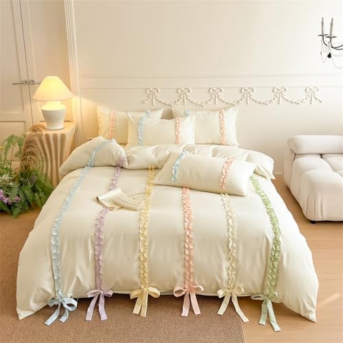 Colorful Striped Ruffled Bedding with Cute Bow,Chic Ruffle Romantic Queen Duvet, Coquette Aesthetic Style 3 piece Duvet Cover Set-1Queen Duvet Cover with 2 Pillowcases, No Comforter