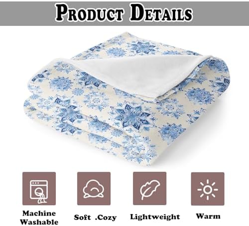 Winter Blue Snowflake Throw Blanket for Couch, Snowflake Christmas Decor, Vintage Blue and White Porcelain Floral Throw Blanket for Bedroom Living Room Home Decoration, 50x60 Inches