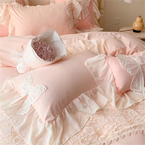 Ruffled Bedding Bow Duvet Cover -Twin Size Pink Chic Lace Bedding Set with Cute Bowtie-2 Pieces Soft Comforter Cover Set with Zipper Closure-Romantic French Princess Style-No Comforter-Pink,Twin Size