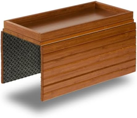 DETOR Couch Arm Tray with Spacious 12.4" x 5.4" Storage Box, Acacia Stained Bamboo Finish, Enhanced Non-Slip Felt Bottom, Sturdy Bamboo Slats, Fits Armrests 6" and Wider