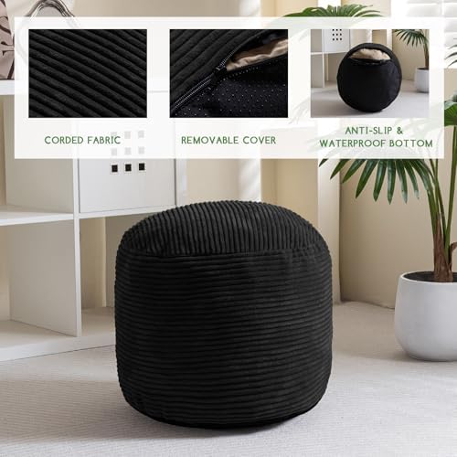 HIGOGOGO Round Stuffed Pouf Ottoman, Corduroy Poufs with Foam Chunk Filling, Furry and Fluffy Pouf Foot Stool Storage Ottoman, 26 X 18 Floor Poufs Foot Rest for Living Room, Black