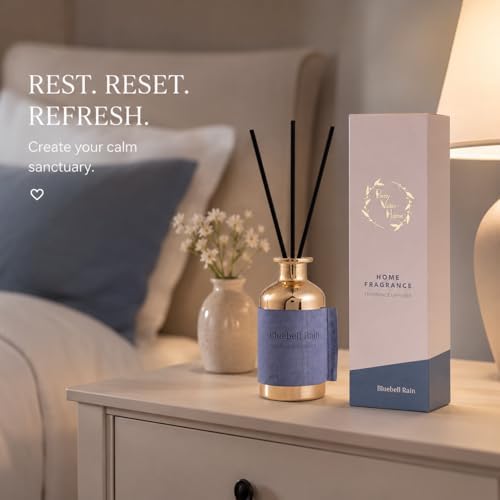 Reed Diffuser for Home, Bluebell Rain / 2.7oz / Long Lasting Floral Fragrance Oil with Reed Sticks – Air Freshener for Bathroom, Office, Closet, Fresh Dewy Aquatic Scent