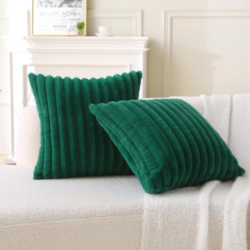 Decorative Throw Pillow with Inserts, Set of 2 Soft Faux Fur Throw Pillows, Square Boho Striped Pillow for Couch, Bed, Sofa Decor