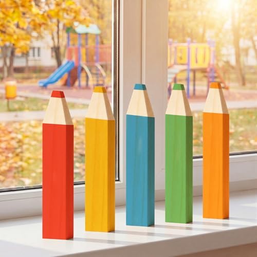 Jetec 5 Pack Giant Unfinished Wooden Pencil Cutouts, 7.9 Inch Blank Freestanding Wood Blocks to Paint, Classroom Table Name Sign Centerpieces Back to School DIY Craft Supplies Teacher Party Decor