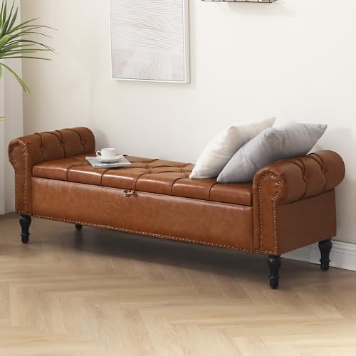 Storage Bed Bench for Bedroom, Faux Leather 67" End of Bed Benches, King Size Bench with Arm, Tufted Button Upholstered Ottoman Bench for Living Room, Entryway, Yellow Brown