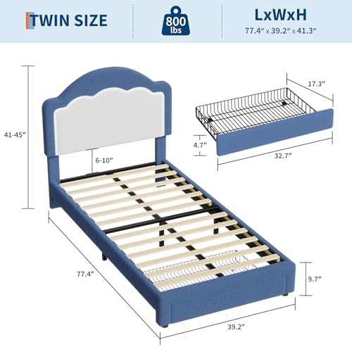 IDEALHOUSE Twin Bed Frame with LED Headboard and Under-Bed Drawer, Boucle Fabric Upholstered Platform Bed with LED Light for Kids, Girls, Wooden Slats Support, No Box Spring Needed, Pink