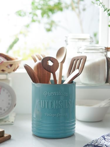DOWAN 7.2" Large Ceramic Utensil Holder for Kitchen Counter, Turquoise