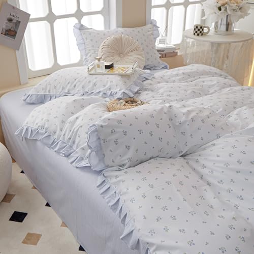 White Duvet Cover Floral Lace Duvet Cover King Cute Blue Flower Green Leaves Print Ruffle Comforter Cover Vintage Princess Lace Bedding Set Botanical Floral Comforter Cover Cottagecore Bedding Set