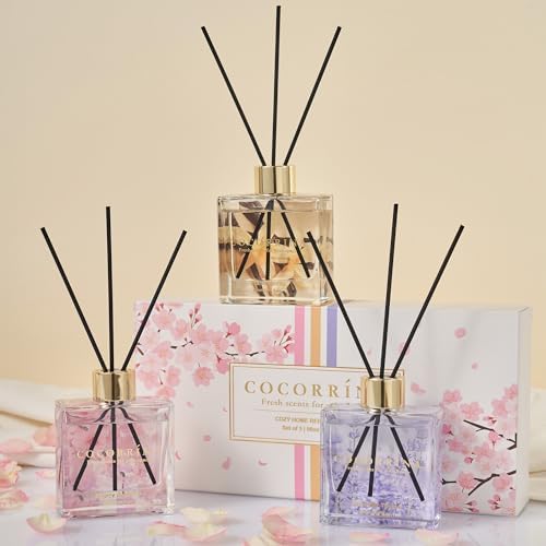 COCORRÍNA Reed Diffuser Set of 3-3 Pack/ 3.04 Fl.oz Diffuser with 24 Sticks Warm Vanilla/Cherry Blossom/Lavender Thyme Reed Diffuser for Home Bathroom Office Shelf Decor