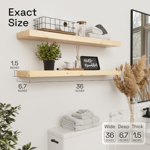 Solid Wood Floating Shelves for Wall 36 inch Long, Natural Wooden Shelf
