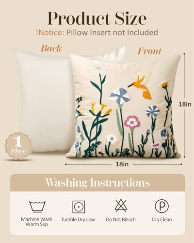 Embroidered Throw Pillow Cover 18x18 Inch - Spring Summer Boho Decorative Pillow Cover with Zipper for Living Room Couch Sofa Bed Aesthetic Design Flower Bird Cushion Pillowcase (Pack of 2)