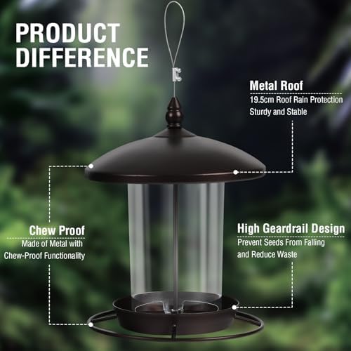 Metal Bird Feeder for Outdoors Hanging,3.0LB Seed Feeder,Easy to Fill & Clean,360° Feeding,Weatherproof Roof for Gardens and Wild Birds,Brown
