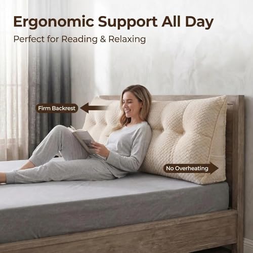 Headboard Pillow Queen Size, Reading Pillow for Bed, Wave Pattern Wedge Pillow, Tufted Backrest Support, Headboard Substitute, Beige