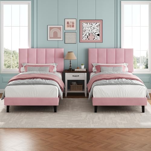 Garvee Twin Size Bed Frame with Upholstered Headboard for Kids, Pink