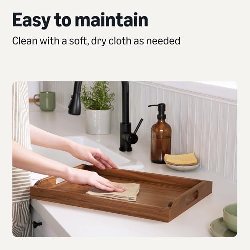 Amazon Basics Wooden Serving Tray, 17" x 12" Acacia Wood Decorative Tray Platter With Built-in Handles for Breakfast in Bed, Food & Drinks, Entertaining, Coffee Table & Ottoman