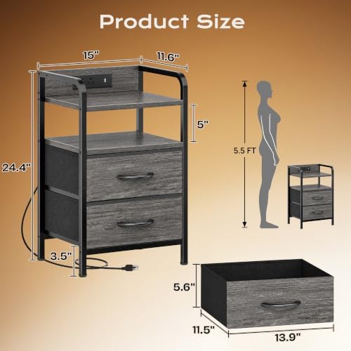 Huuger Nightstands Set of 2, Night Stand, Charging Station, USB-C Ports