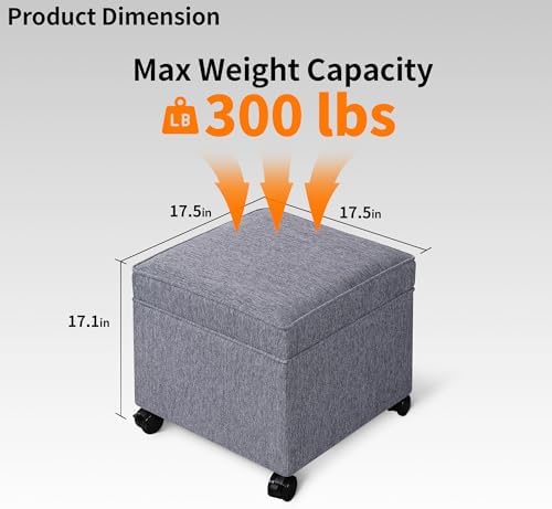 Adeco 17.5 Inch Square Storage Ottoman with Wheels, Modern Linen Upholstered Footrest Stool & Coffee Table with Flip Top Lid, Rolling Footstool for Living Room & Bedroom, Grey