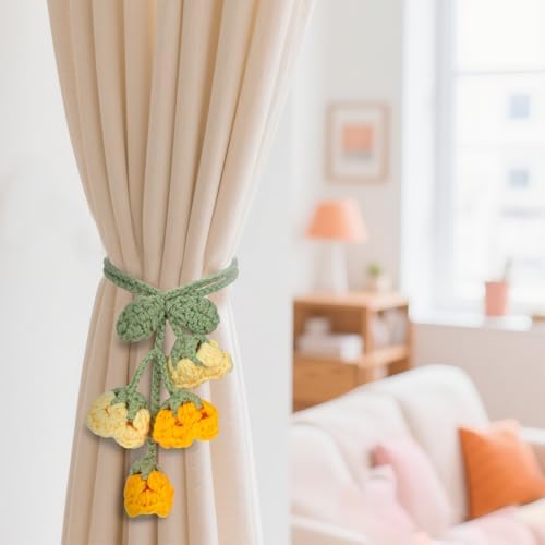 Flower Curtain Tiebacks, 4pcs Lily-of-The-Valley Curtains Holdbacks, Cute Curtain Holdbacks - No Drill Rope Holder, Drape Knitting Handmade for Nursery&Children's Room Decor (Yellow/Orange)