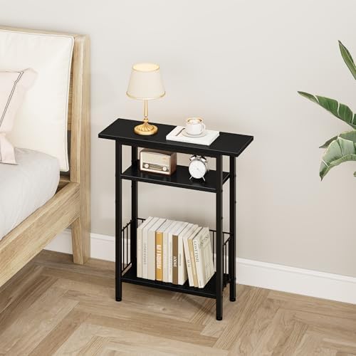 Vagusicc Narrow Side Table, 3-Tier Skinny End Table for Couch, Small side Tables for Small Spaces, Bed Side Table with Storage, 25.2" Tall Slim Nightstand Bedside table for Living Room, Bedroom, Black