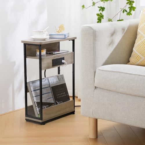 YEAKOO Narrow Side Table with Charging StationSmall Spaces Narrow End Table