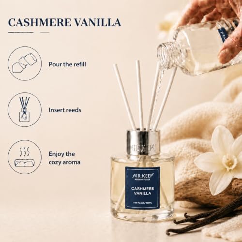 Airkeep Cashmere Vanilla Reed Diffuser Refill – 6.76 fl oz – Premium Scented Oil for Home Aromatherapy – Long-Lasting Fragrance for Reed Diffusers – Perfect for Bathroom, Bedroom & Home Decor