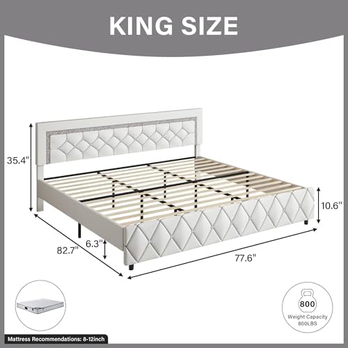 BarnFurin King Size Bed Frame with Headboard, Faux Leather Upholstered Bed