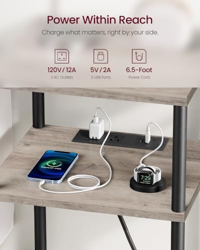 VASAGLE Side Table with Charging Station, 3-Tier Small Tall End Table