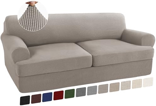 Turquoize 3 Piece T Cushion Sofa Slipcovers Sofa Cover for T Cushion Sofa Couches Stretch Couch Cover Furniture Covers with 2 Individual T Cushion Covers, Machine Washable (2 Cushion Sofa, Taupe)