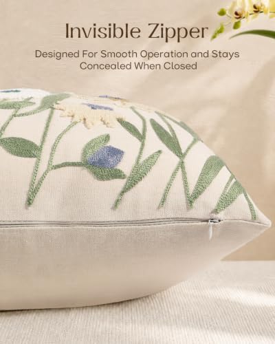 Embroidered Floral Lumbar Pillow Cover 20x12 Inch, Cottage Flower
