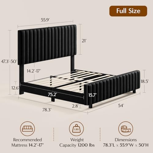 50" Tall Full Size Bed Frame with Adjustable Headboard, Upholstered Platform Full Bed Frame with Charging Station & LED Lights, Modern Luxury Velvet Tufted Bed, No Box Spring Needed, Black