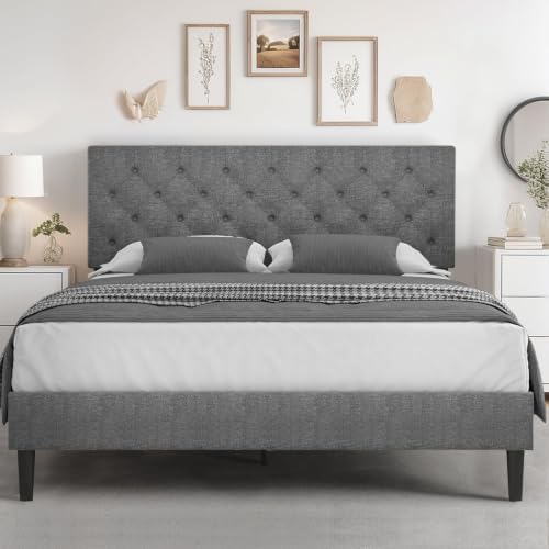 HOMBCK Queen Bed Frame with Adjustable Headboard, Light Grey