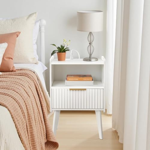 MAHANCRIS White Nightstand with Charging Station, Modern Fluted End Table