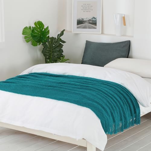 BOURINA Teal Throw Blanket 60x80 Inch Boho Knitted Soft Throw Sofa Blanket