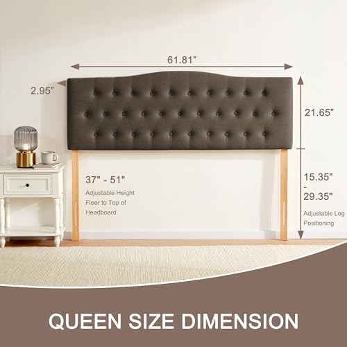 Tufted Headboard Queen Size, Solid Wood Adjustable Height Head Board, Brown