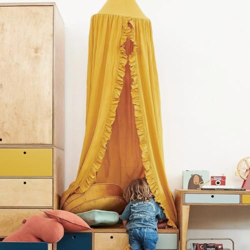 Bed Canopy with Frills Reading Nook Game Tent for Kids Boho Hanging Net Play Room Decor(Mustard)