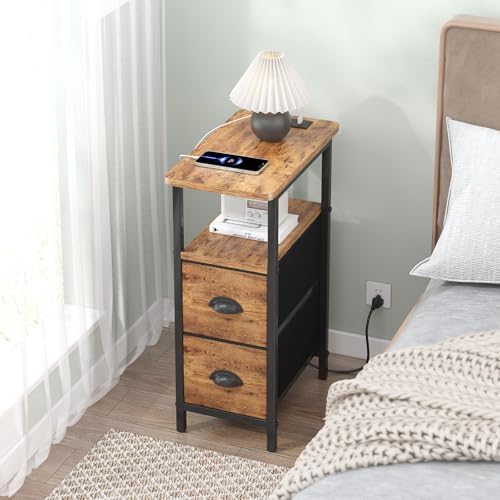 sthmec Narrow End Table with Charging Station, Narrow Side Table with 2 Fabric Drawers, Slim Nightstand, Skinny Bedside Table, Small Side Table for Small Spaces, Living Room, Bedroom, Rustic Brown