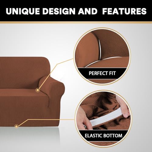 PrinceDeco Stretch Sofa Cover Slipcover 1-Piece, Spandex Jacquard Fabric Universal Couch Cover for 3 Cushion, Washable Non Slip Sofa Cover, Pet Friendly (Sofa 74" - 88", Caramel)
