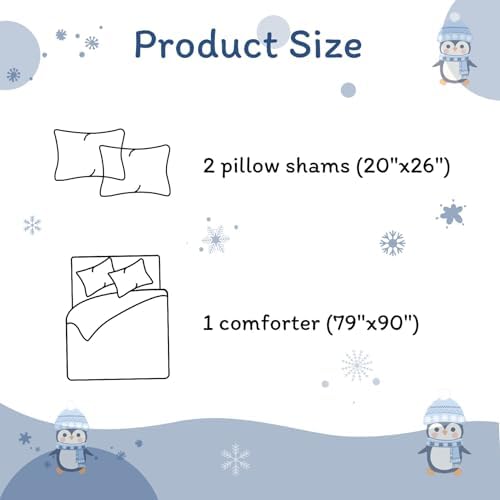 JSD 3 Piece Blue Penguin Snowflakes Kids Christmas Comforter Set Full Size