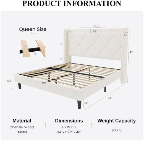SHA CERLIN Queen Size Bed Frame with Storage Headboard & Charging Station