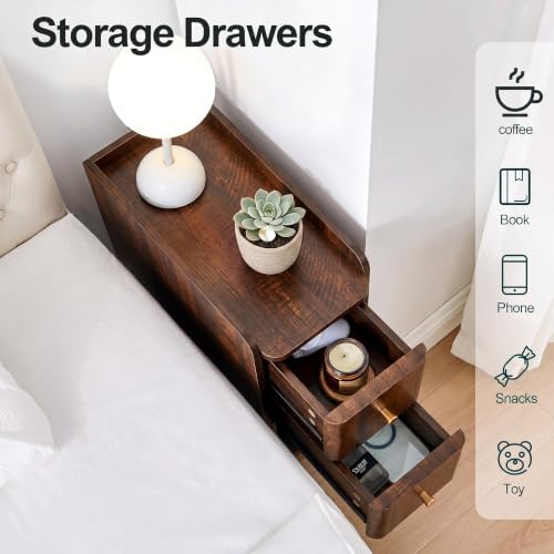 Narrow Nightstand Set of 2, Wooden Small 2 Drawer Nightstand, Slim Side End Table, Skinny Bedside Table, Mid Century Modern Night Stand with Drawers for Bedroom (Cherry Walnut-2 pcs)
