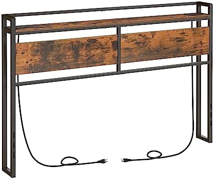 HOOBRO Headboard Queen Size, Headboard with 2 Outlets and 4 USB Ports, Adjustable Height, Storage Rack, Sturdy and Stable, Easy Assembly, Rustic Brown and Black