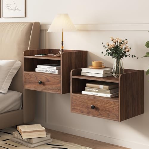 Floating Nightstand Set of 2 Modern Night Stands with Drawer and Open Shelf