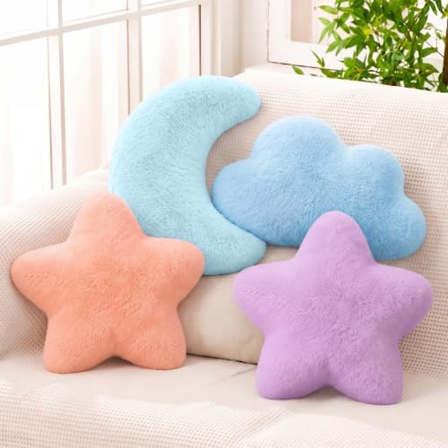 4 Pcs Plush Cloud Star Moon Throw Pillow Set, Mint, Blue, Purple, Pink
