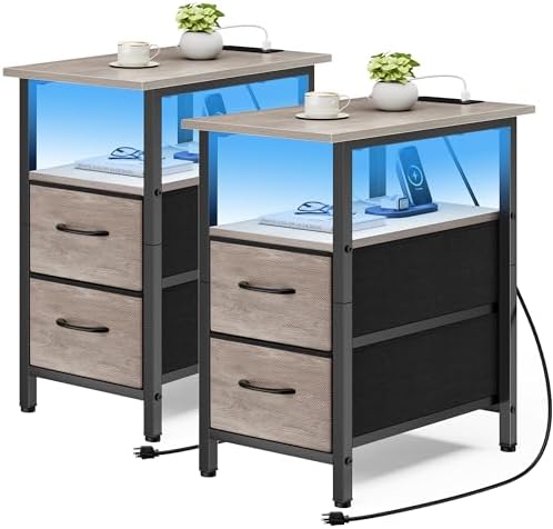 Vagusicc Set of 2 Nightstand with Charging Station and LED Lights, Narrow Side Table, LED Night Stand with 2 Fabric Drawers, Bedside Table Small End Table, Tall Nightstand for Bedroom, Rustic Grey